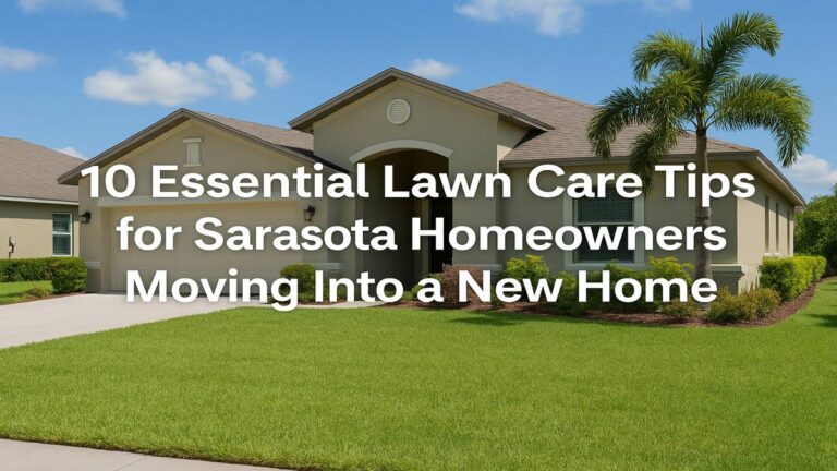 Realistic image of a Sarasota, Florida home with a lush green lawn, tropical palm trees, and clear blue sky—representing professional lawn care and pest control services for new homeowners by Blue Frog Lawn and Bugs.