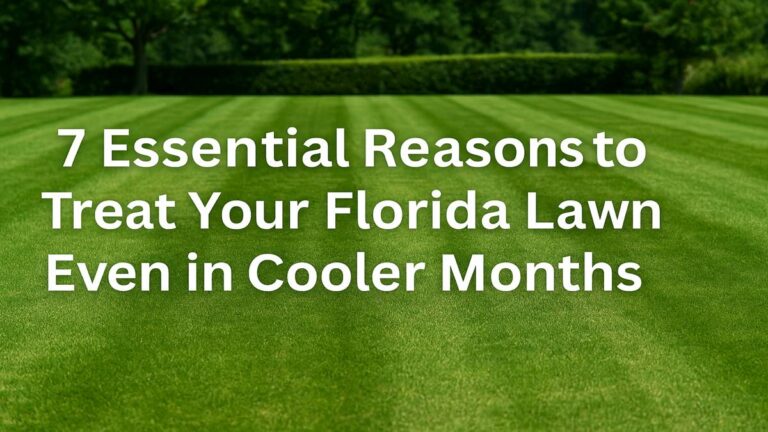 Realistic image of a vibrant, well-maintained Sarasota, Florida lawn with crisp green stripes and bright winter sunlight, representing professional lawn care and treatment during Florida’s cooler months.