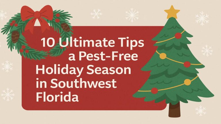 Festive holiday-themed graphic with a Christmas wreath and decorated tree, featuring the title “10 Ultimate Tips for a Pest-Free Holiday Season in Southwest Florida,” representing pest control and home care during the holidays.