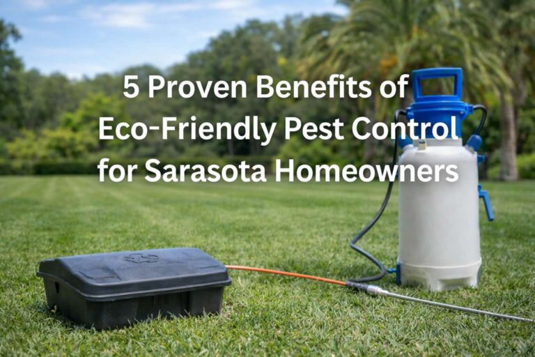 Eco-friendly pest control equipment on a healthy Sarasota, Florida lawn with palm trees in the background, illustrating safe and environmentally responsible pest control solutions for local homeowners.