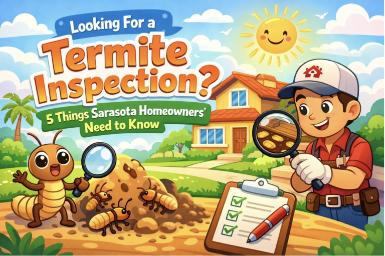 colorful and friendly image displaying termites and a pest control specialist exemplifying the importance of a termite inspection
