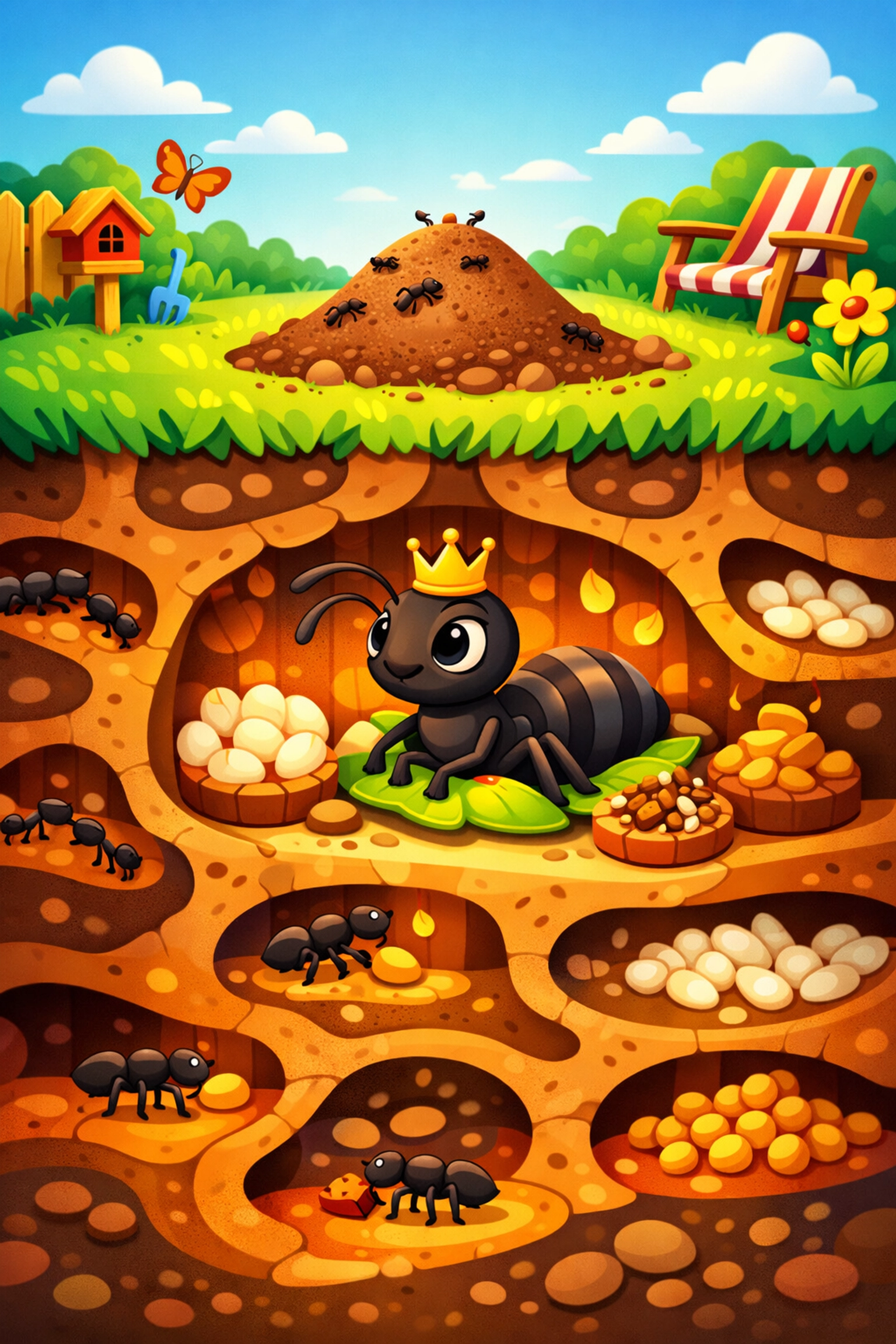 Illustration of a deep underground ant colony and queen below a green Sarasota backyard lawn.