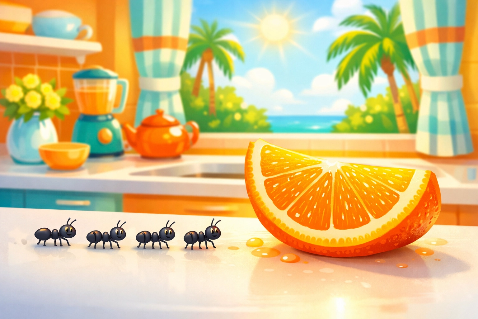 Small ants in a Sarasota kitchen marching toward an orange slice, showing the need for ant control.