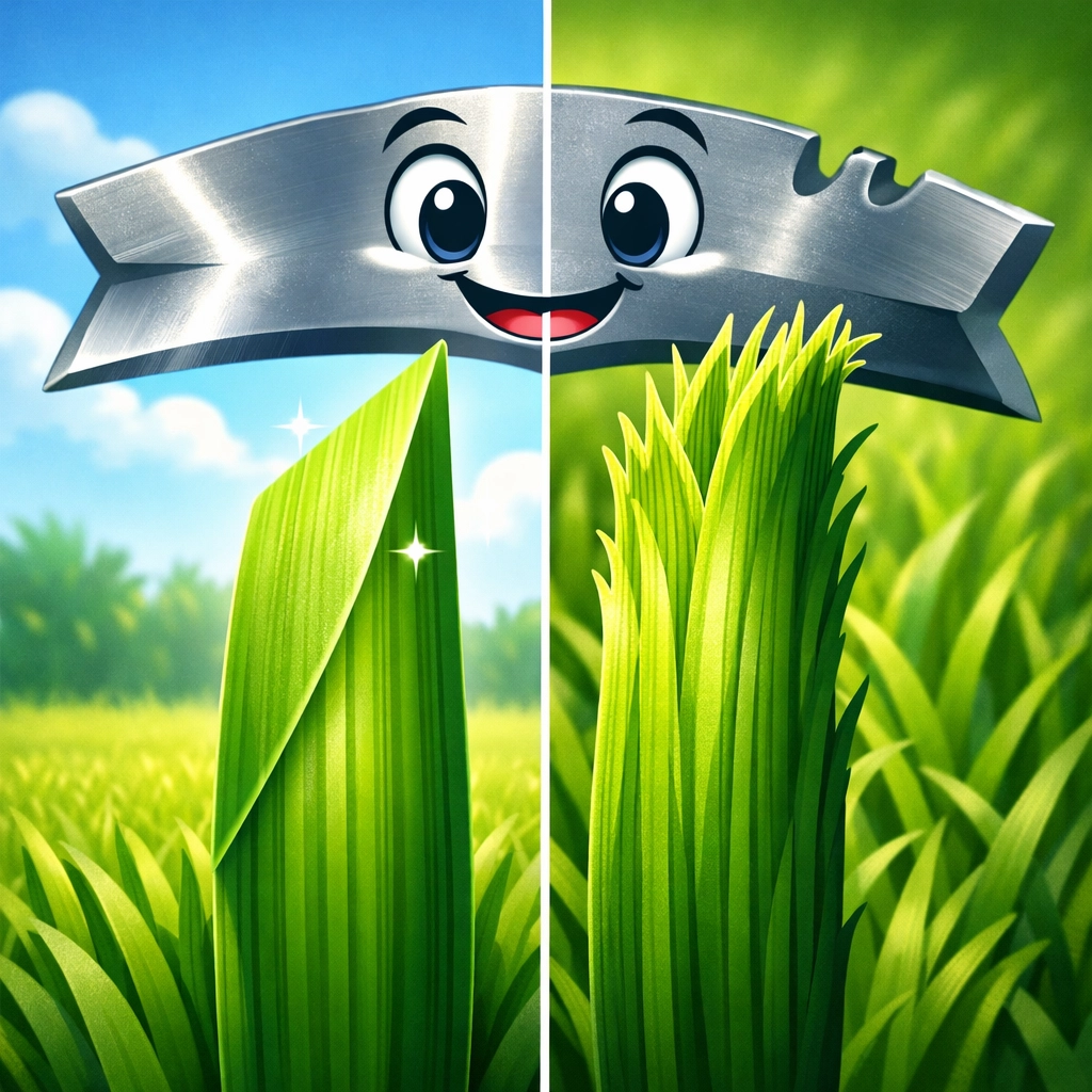 Comparison of a clean cut from sharp mower blades versus a jagged tear caused by dull blades on a lawn.