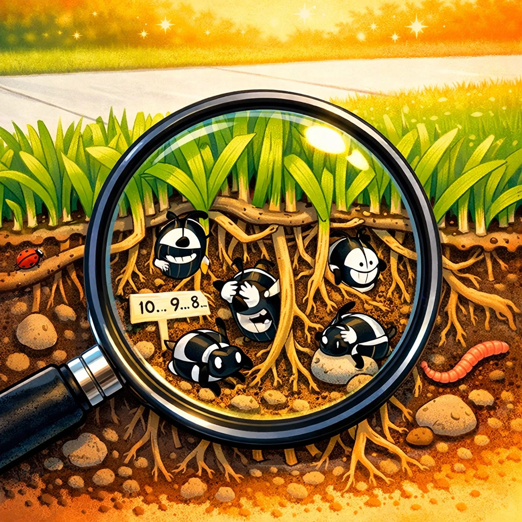 Magnifying glass revealing chinch bugs hiding in St. Augustine grass near a hot Sarasota sidewalk.