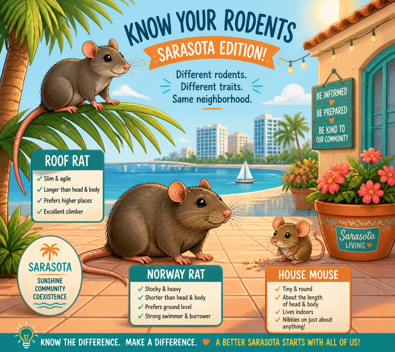 Illustration comparing a roof rat, Norway rat, and mouse for effective rodent control Sarasota.