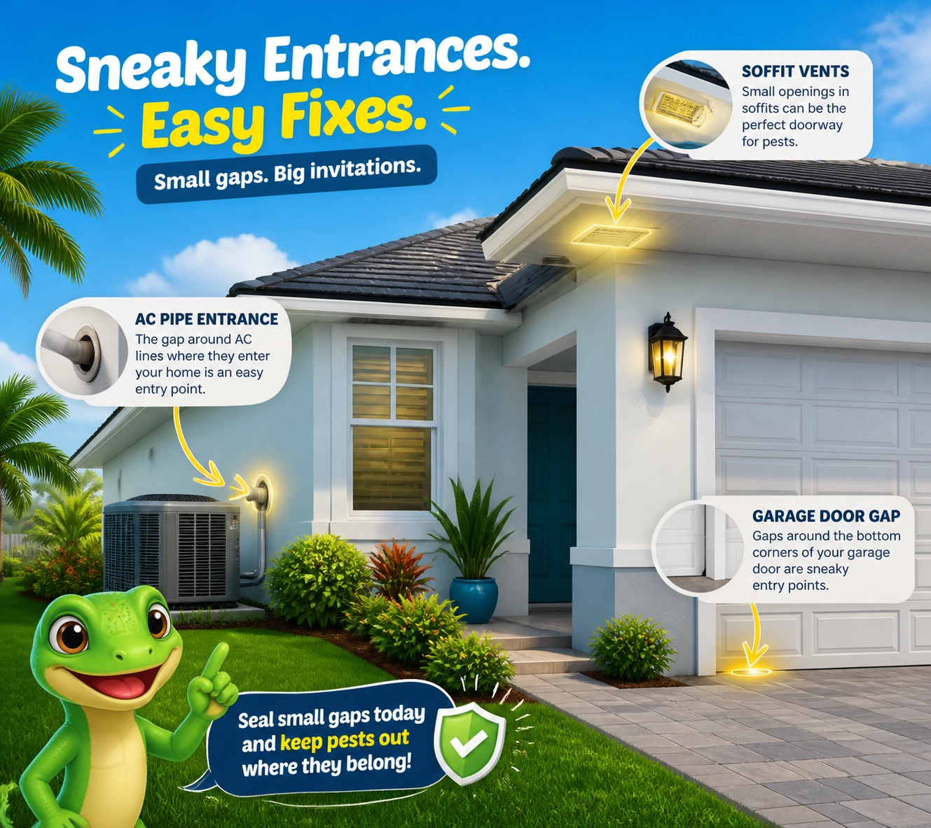 Common entry points for rodents in a Sarasota home, including soffit vents and AC lines.