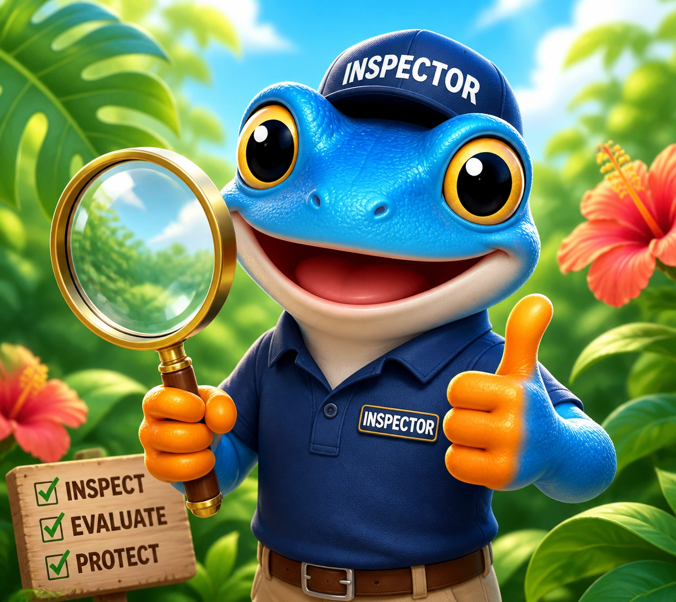 Blue Frog mascot providing a professional termite inspection in Sarasota with a magnifying glass.