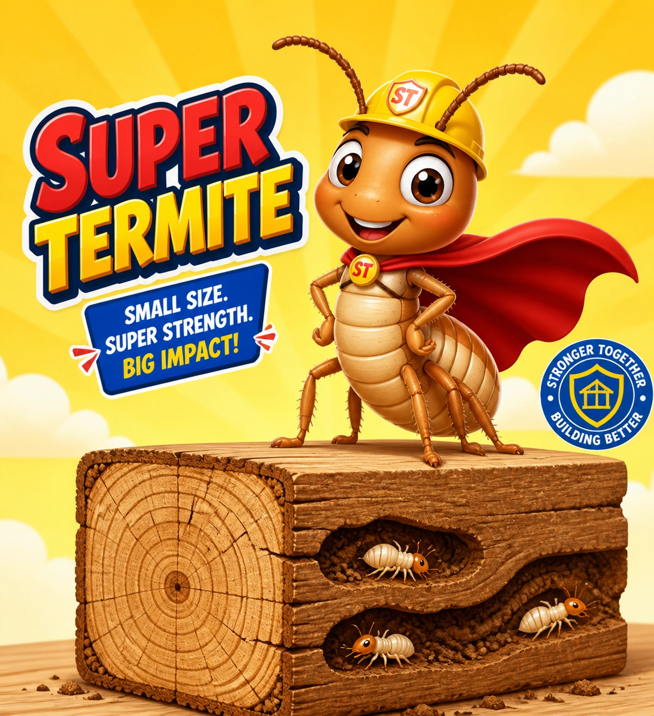 Cartoon termite character on a wood beam representing invasive Formosan termites in Sarasota.
