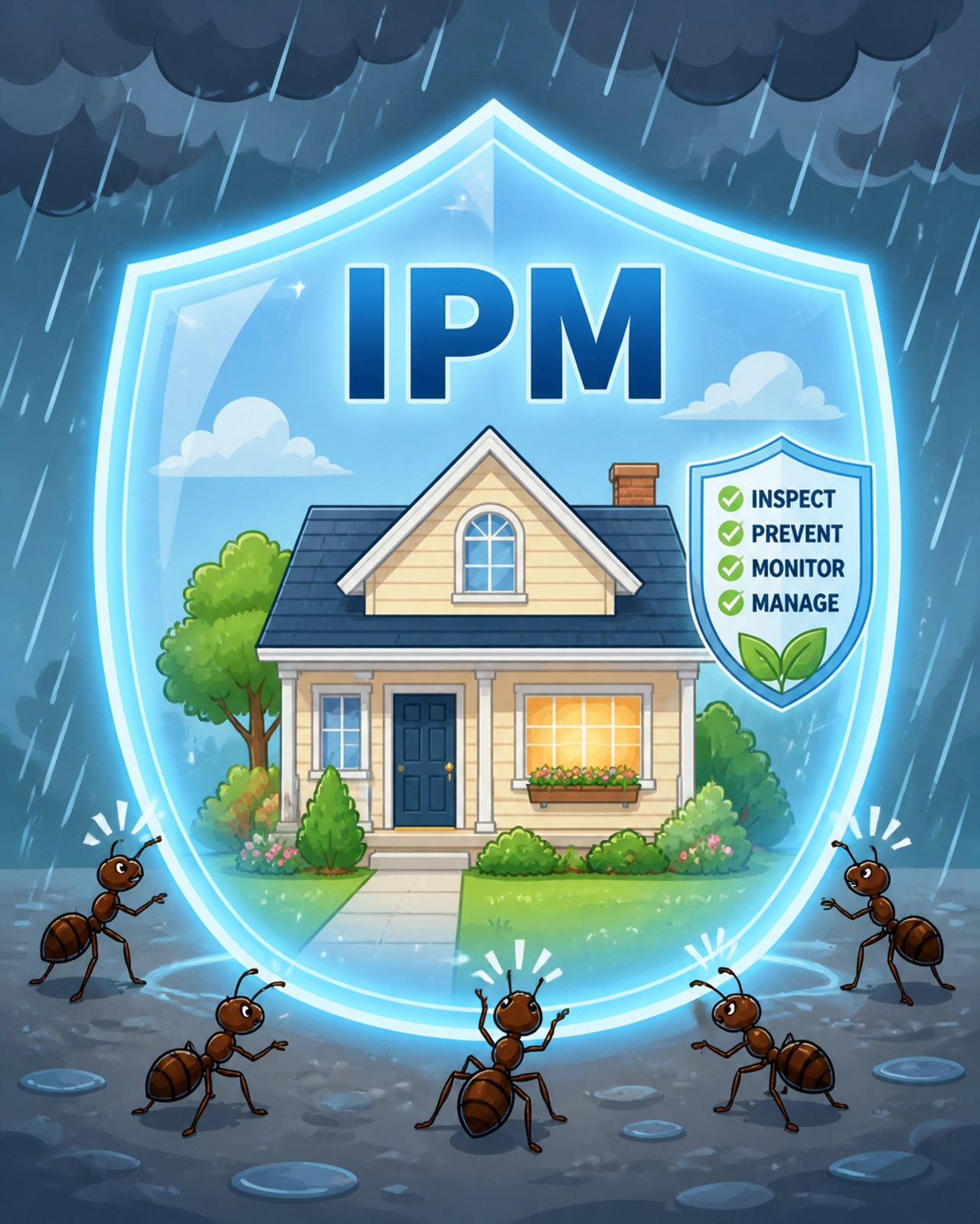 Cartoon house protected by a blue IPM shield during a Florida rainstorm, representing effective Sarasota ant control strategies.