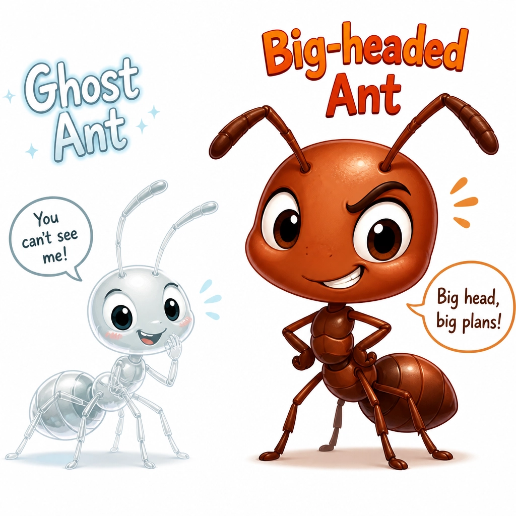 Playful cartoon illustration of Ghost Ants and Big-Headed Ants, common pests requiring ant control in Sarasota.