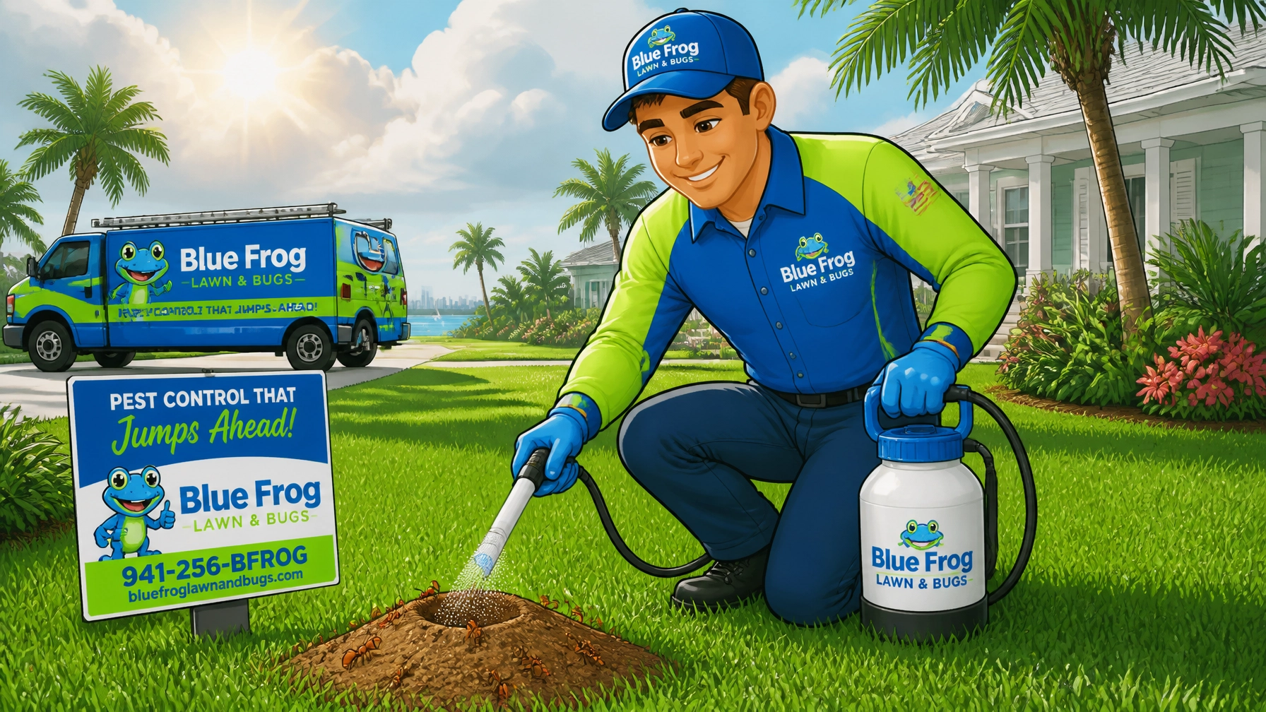 Blue Frog technician performing a perimeter pest control treatment in a Sarasota yard to stop ants at the source.