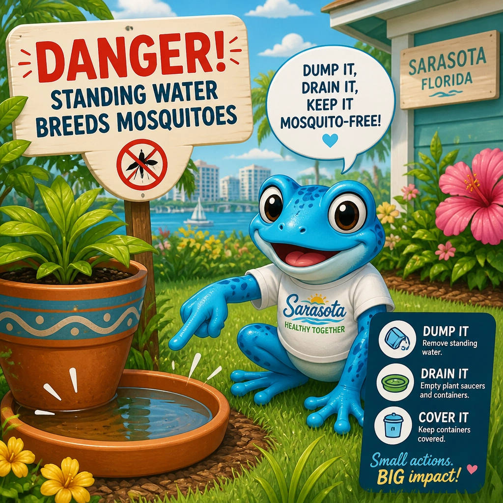 A friendly blue frog mascot pointing out a water puddle mistake to help with pest control sarasota.