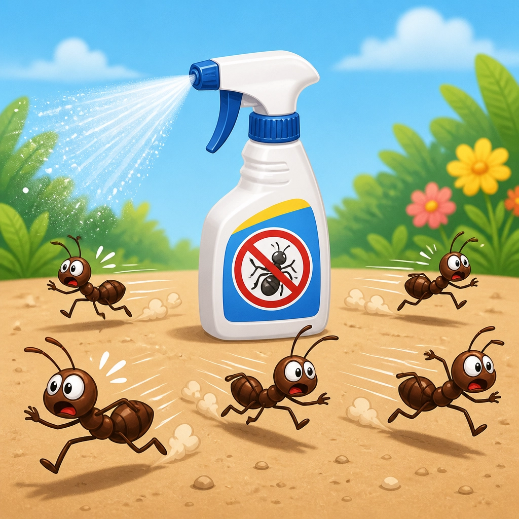 A cartoon illustration showing how ants scatter away from a spray bottle, a common mistake in pest control sarasota.