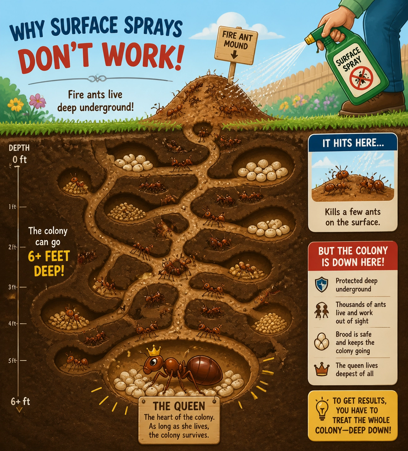 Cross-section of a fire ant mound showing deep tunnels and a queen