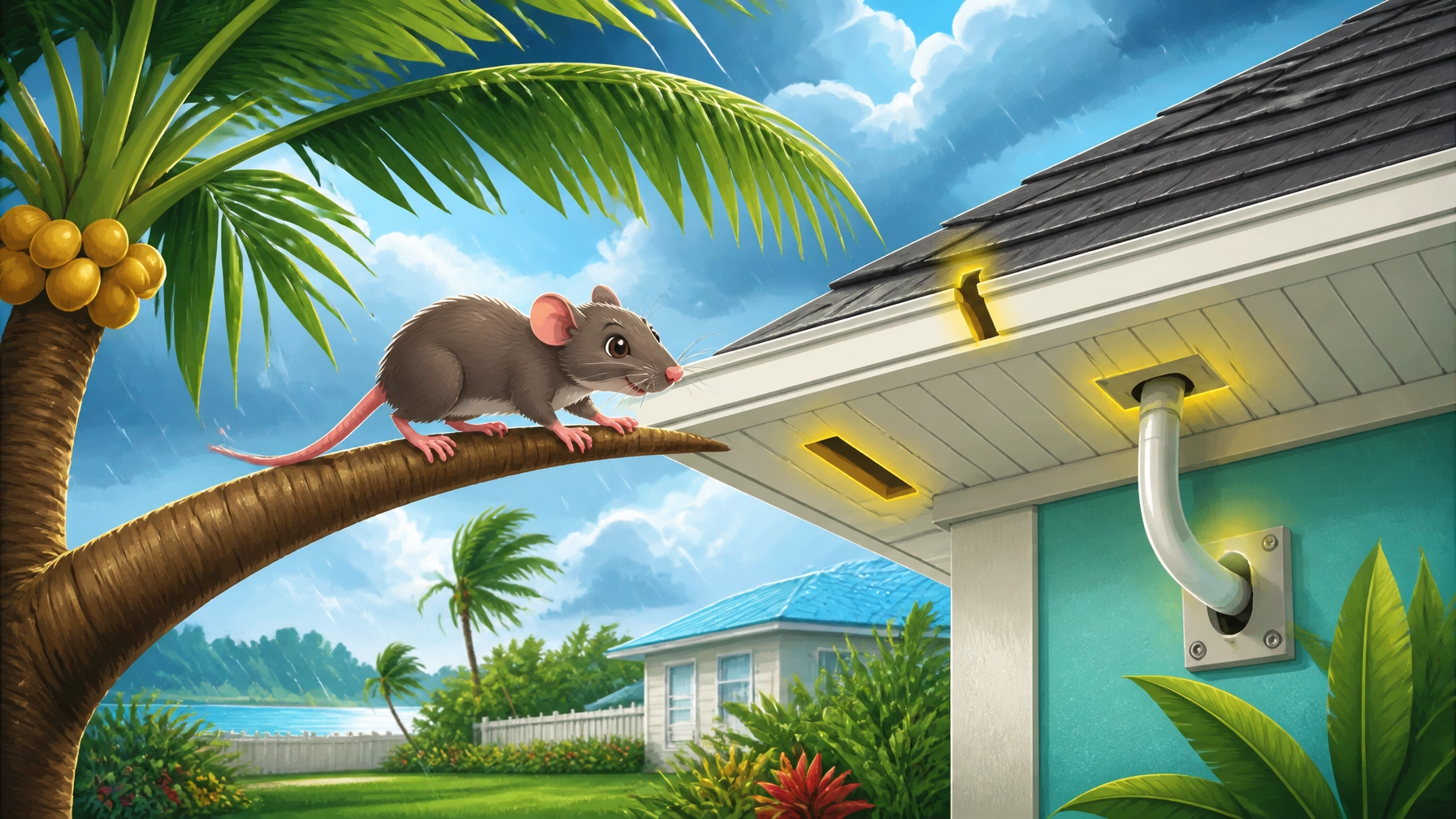Cartoon illustration of a roof rat climbing from a palm tree toward a Sarasota home’s soffit during rainy hurricane-season weather
