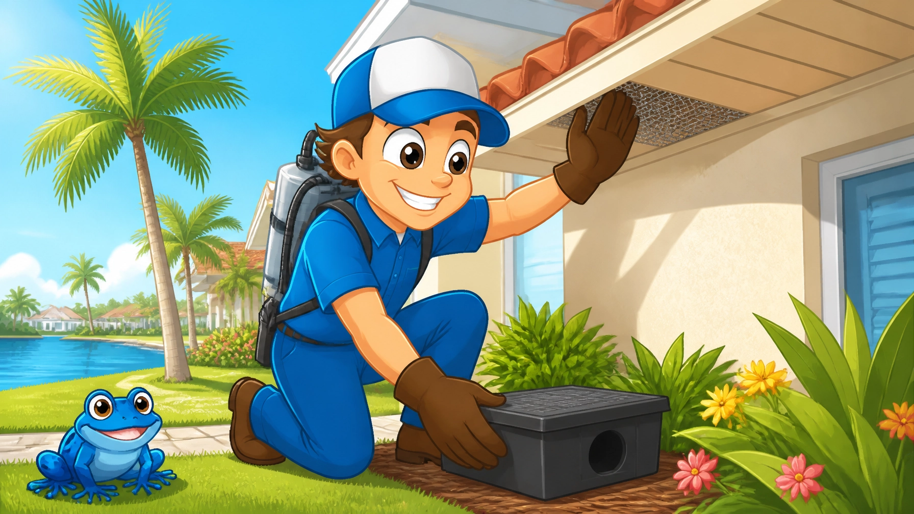 Friendly professional technician installing a secure rodent bait box and sealing a Sarasota home’s roofline entry point