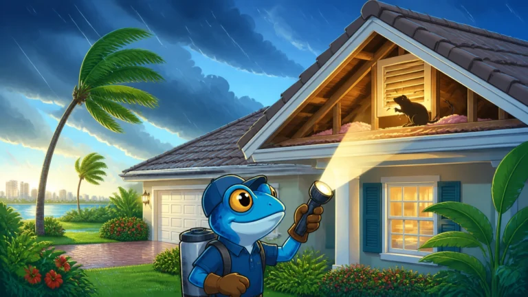 Blue Frog Pest Control illustration showing a technician inspecting a Sarasota-area home's attic where a roof rat is hiding. The image represents professional rodent control, attic inspections, and wildlife exclusion services that protect Florida homes from roof rats and attic infestations.