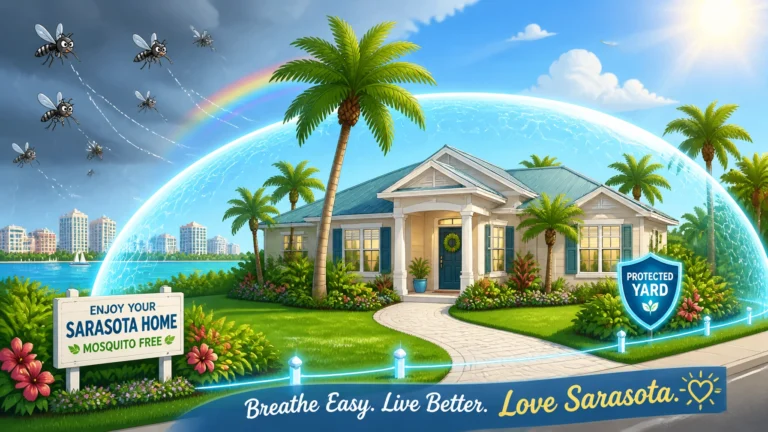 Illustration of a Sarasota home protected by a glowing mosquito barrier dome, with mosquitoes kept outside under dark storm clouds while the yard remains sunny and lush. A yard sign reads "Enjoy Your Sarasota Home – Mosquito Free," alongside a "Protected Yard" shield, symbolizing professional mosquito control services that create a safe, comfortable outdoor living space.