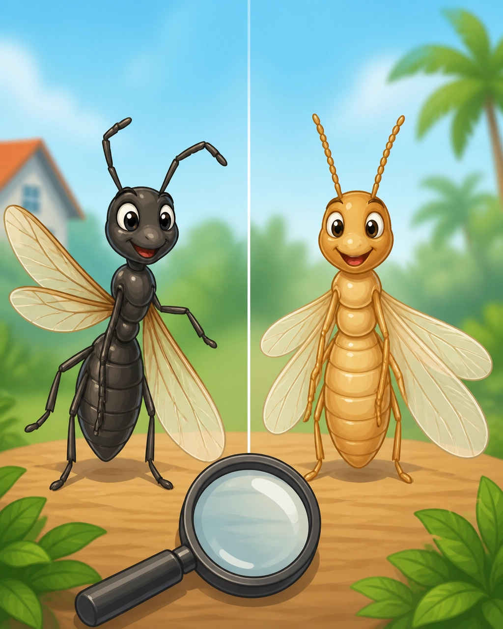 Educational comparison showing the differences between a flying ant and a termite