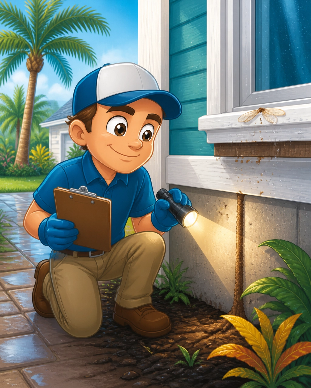 Illustration of a homeowner and technician checking a Sarasota foundation for mud tubes, wings, and frass
