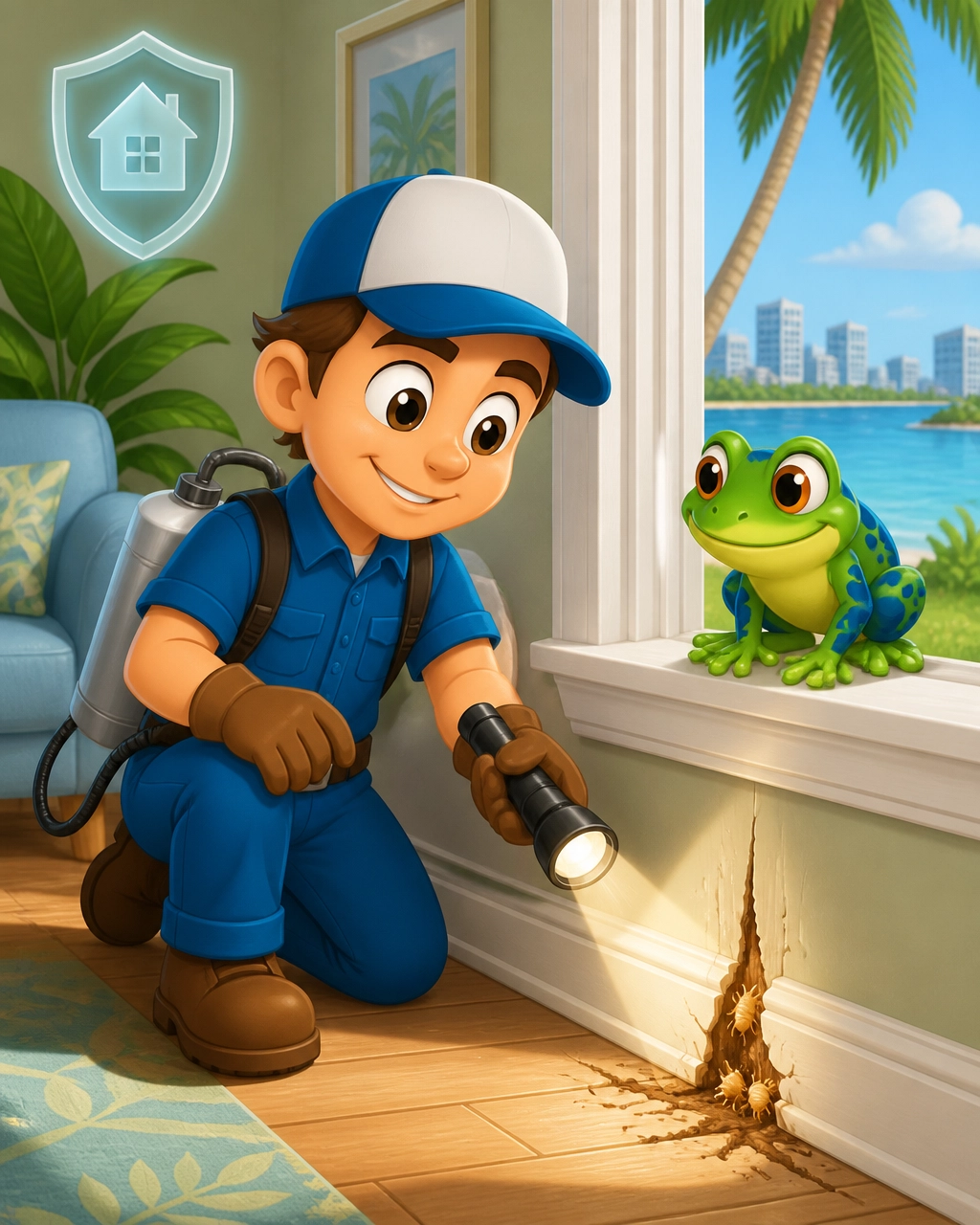 Friendly pest professional conducting a careful termite inspection inside a bright Sarasota home