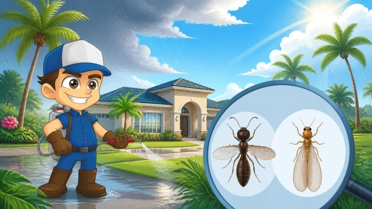 animated image featuring florida home and a close up image of termites and winged ants discussing the need for a termite inspection in Sarasota Florida
